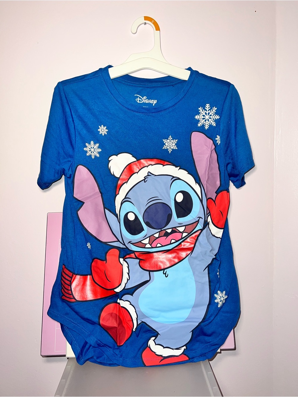 Disney Blue Stitch Holiday Tee with Red & White Accents